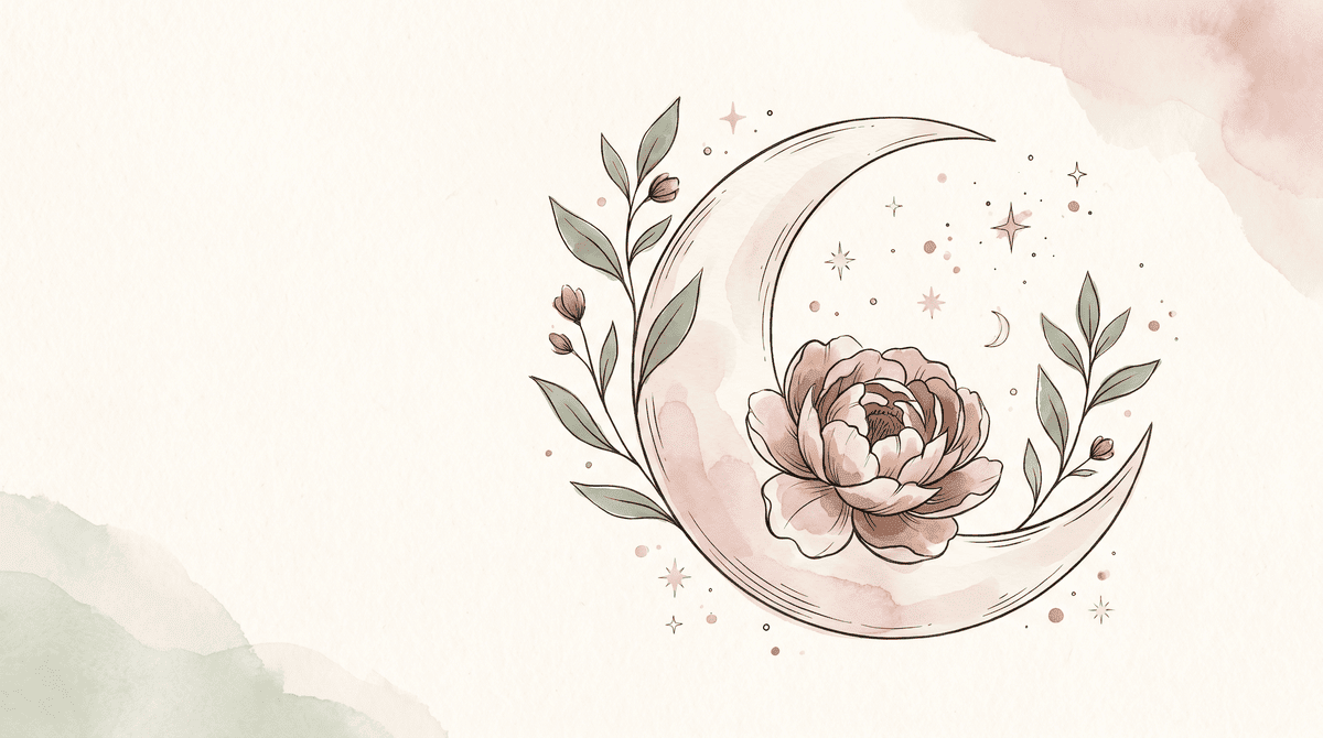 Botanical illustration of a crescent moon with a peony, sage sprigs, and stars